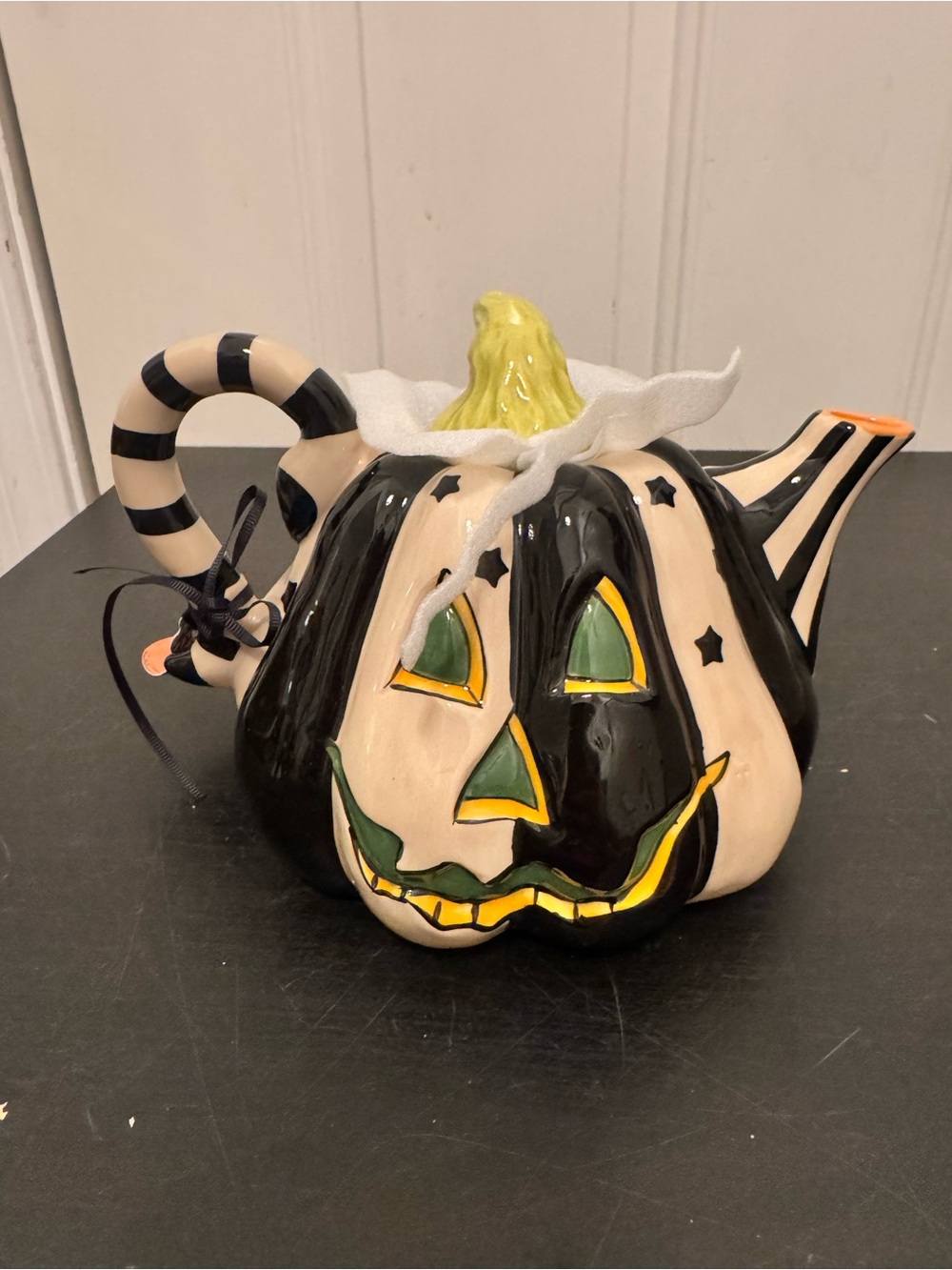 Blue Sky Clayworks Black White Green Striped Lack O Lantern Teapot Pumpkin